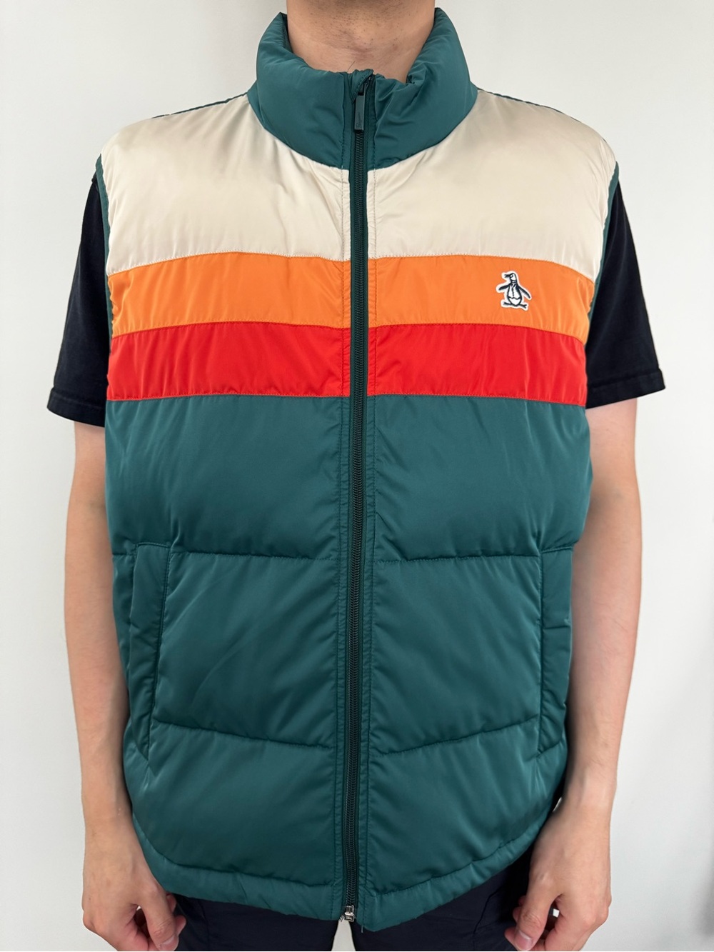 Original Penguin Teal, Cream, Orange & Red Colorblock Puffer Vest